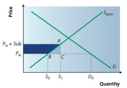 Domestic supply and demand with a subsidy raising domestic output from S0 to S1 at the world price