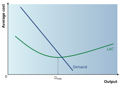 Long-run average cost curve with minimum efficient scale shown relative to market demand