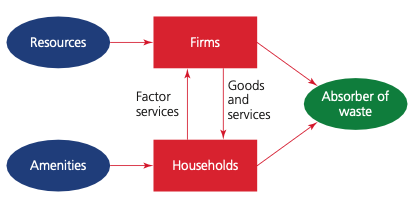 Diagram showing the environment providing resources and amenities and absorbing waste from firms and households.