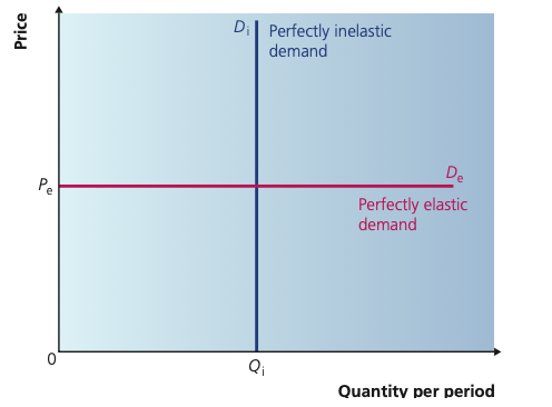 Perfectly inelastic demand shown as a vertical curve and perfectly elastic demand shown as a horizontal curve