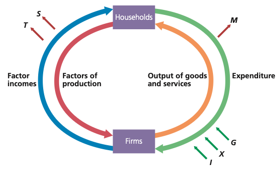 Open-economy circular flow showing saving, taxation and imports as leakages and investment, government spending and exports as injections