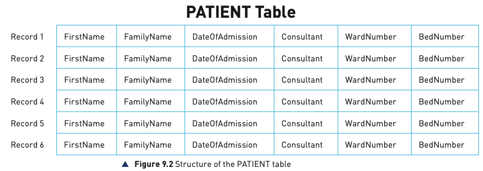 Figure 9.2 from the textbook showing the structure of the PATIENT table