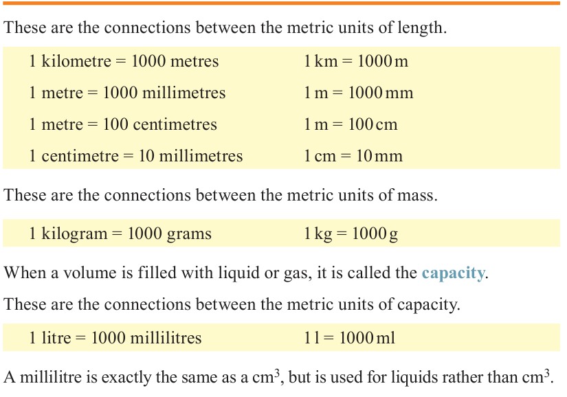 Chapter 39 textbook table of length, mass and capacity conversion relationships