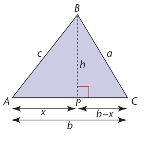 Textbook triangle with perpendicular height, c and a, demonstrating cosine rule
