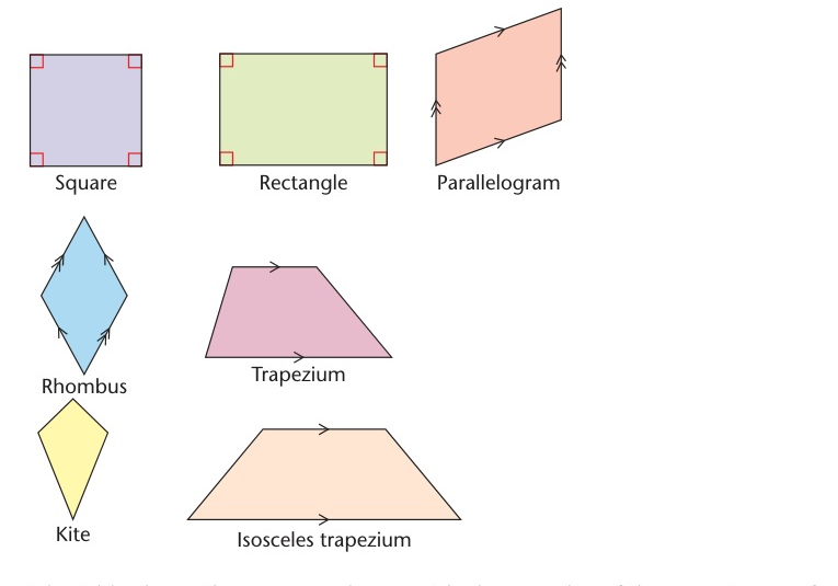 Textbook figures showing square, rectangle, parallelogram, rhombus, trapezium, kite and isosceles trapezium.